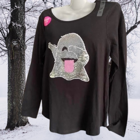 Girls Sequin Halloween Ghost Long Sleeve Shirt Place - Picture 6 of 16